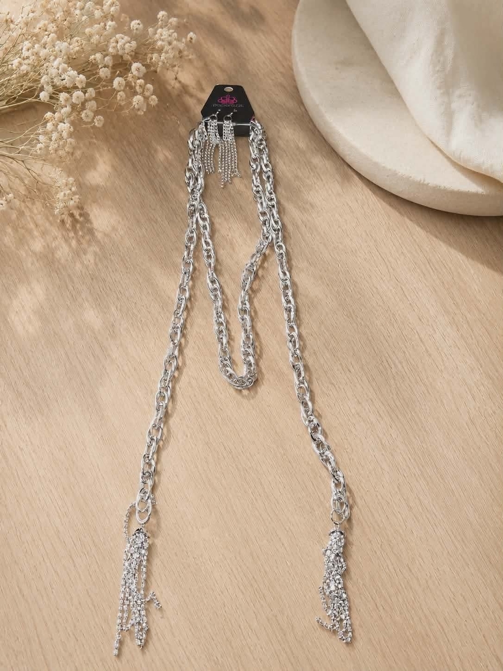 paparazzi Silver Chain Necklace with Sparkling Tassels